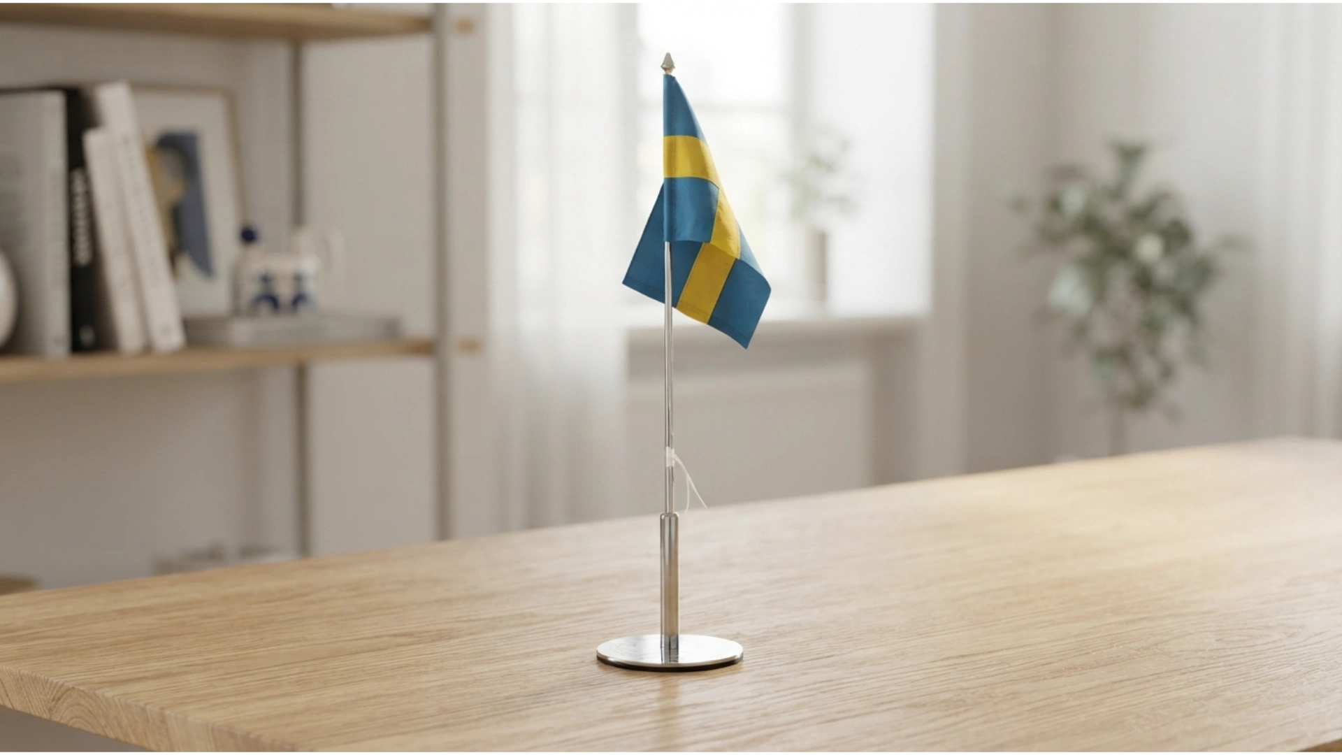 Personlig bordsflagga på förkromad stång med rund sockel i rostfritt stål, stående på ett ljust träbord